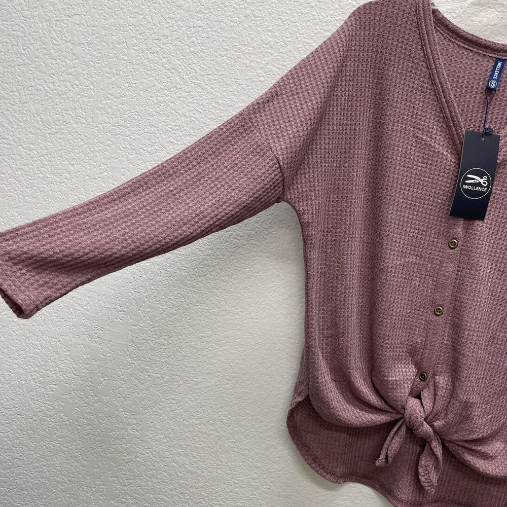 Iwollence Womens Small Waffle Knit Top Mauve Long Sleeve V Neck Tie Knot NWTs - Picture 3 of 8